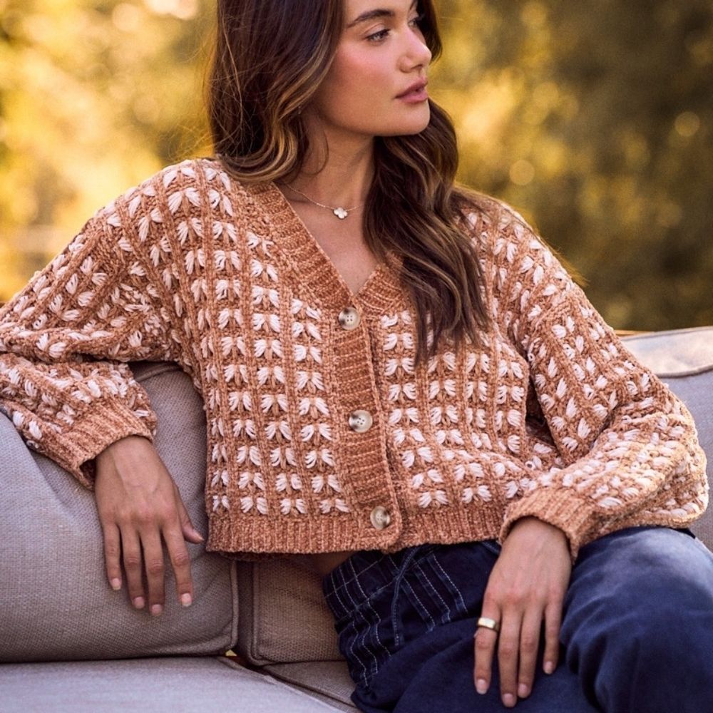 SO ME Soft Chenille Crochet Knit Button Down V-Neck Sweater Cardigan
